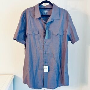 Calibrate Men’s Short Sleeve Double Flap Pocket Button Down, Plum Stripe, XXL